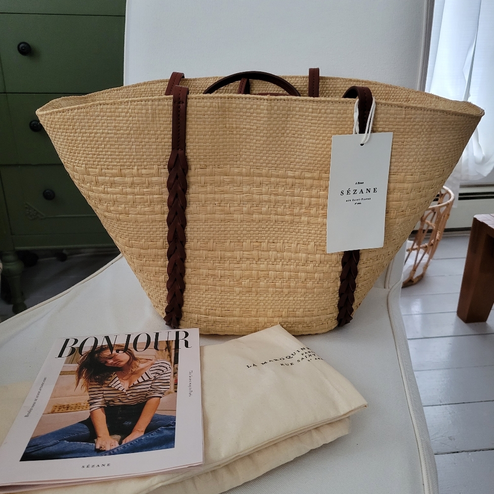 Sezane Félicie Basket Bag with Leather Handles, Natural